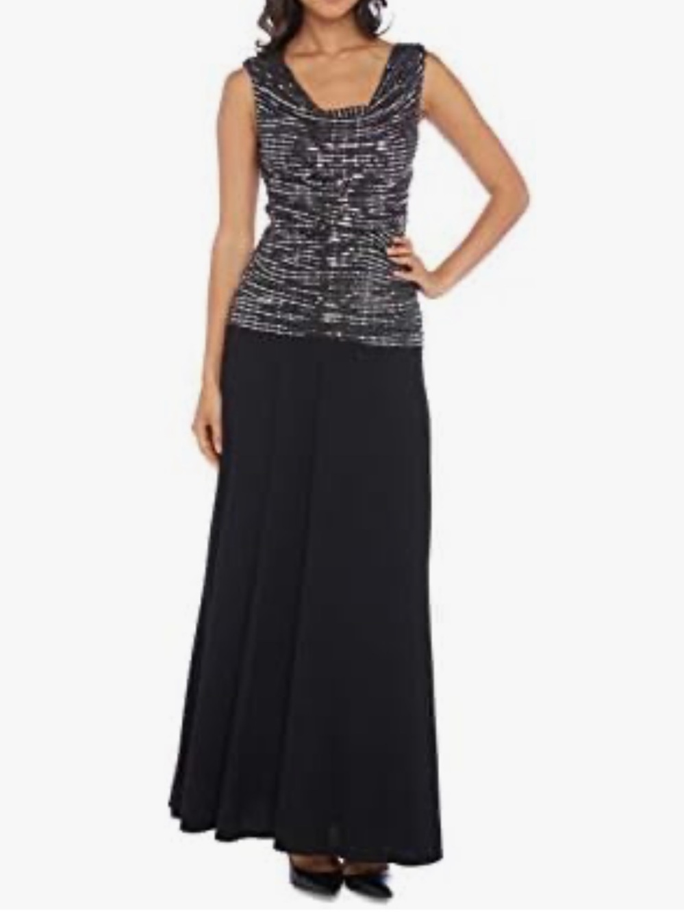 R&M Richards Black Metallic Silver Glitter Formal Maxi Cocktail Dress, Size 14P